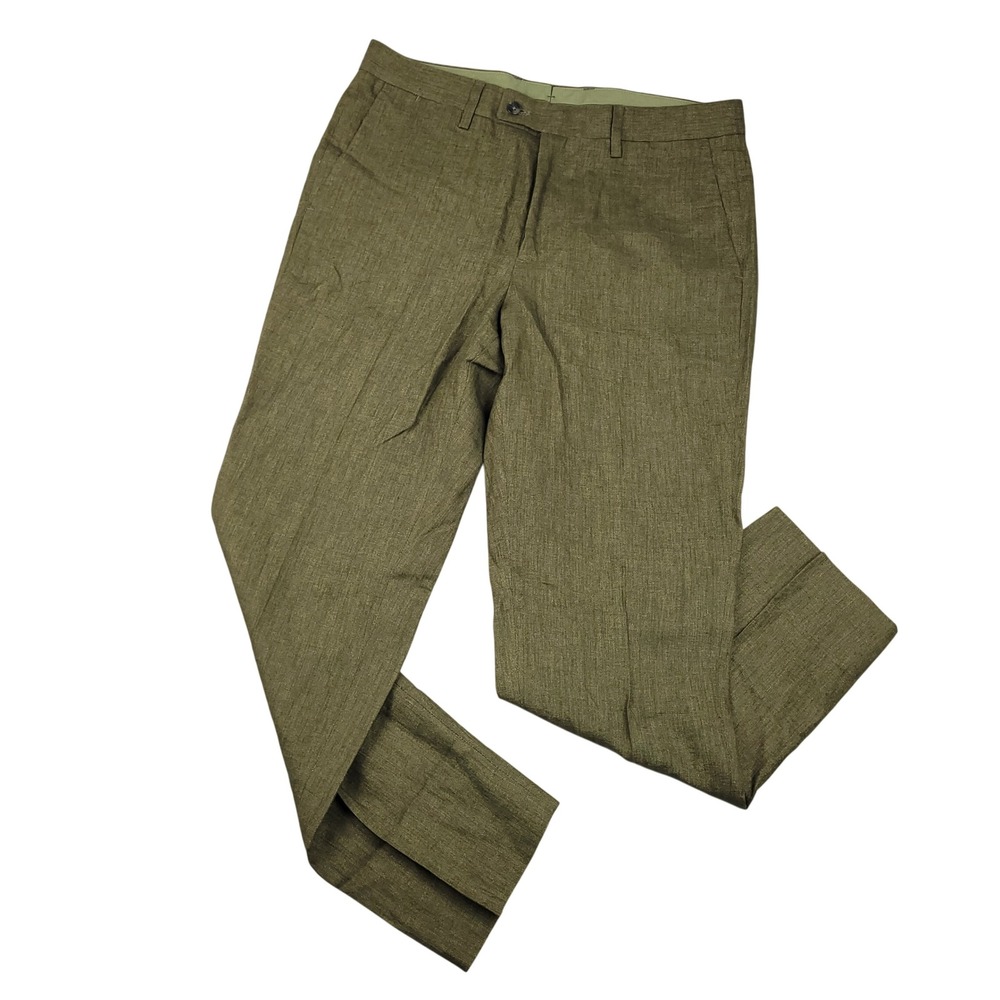 Mango Mens Linen Dress Pants Sz 32 Olive Green 100% Linen Suit Trousers Preppy